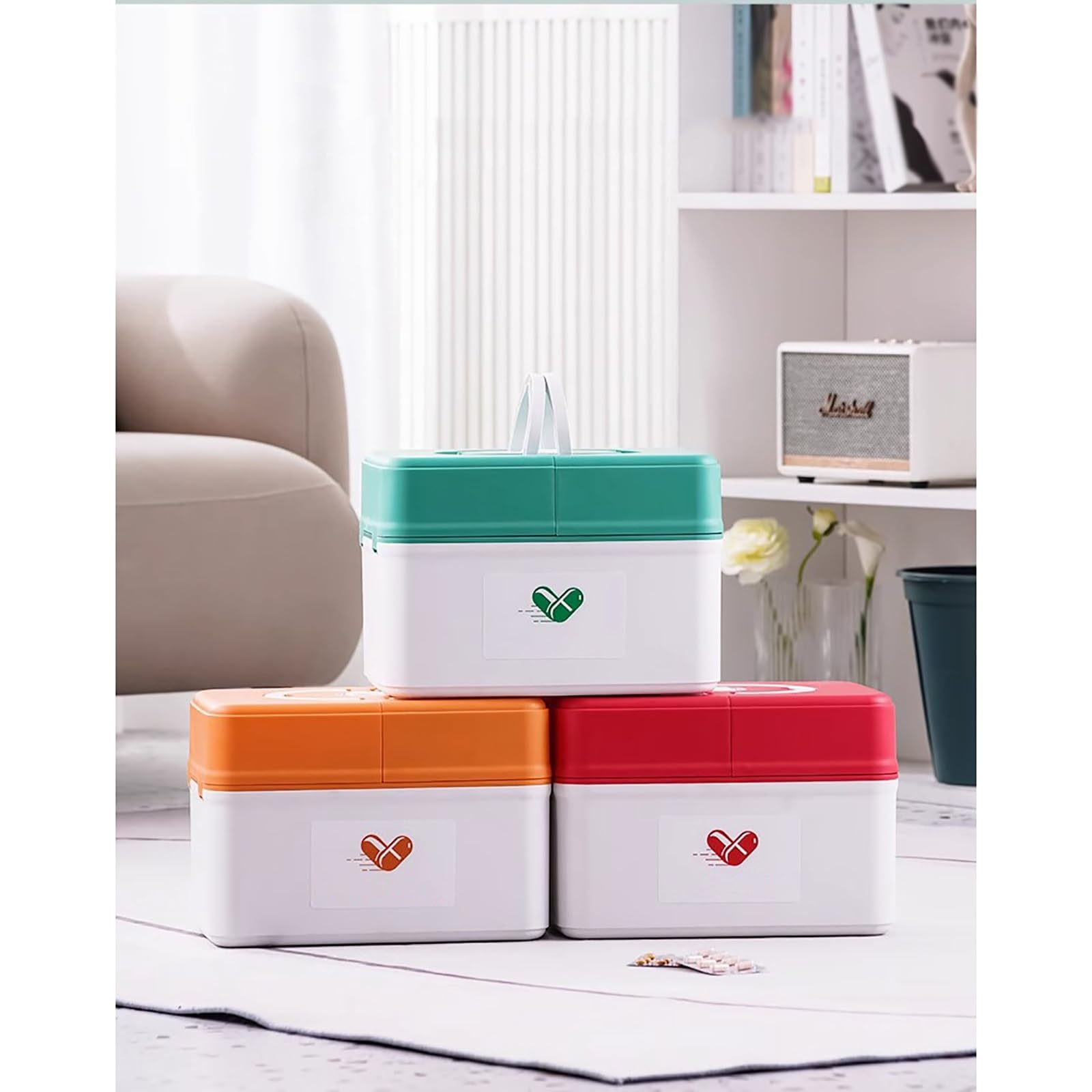 Scatola Porta Medicine, Porta Medicine, kit Pronto Soccorso, Scatola di Pronto Soccorso Portatile per la casa, Scatola Portautensili Multifunzione in Plastica con Maniglia(Red,Large)