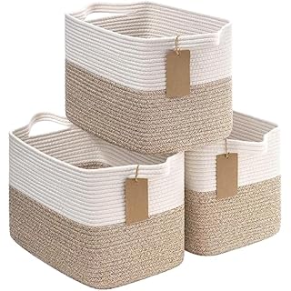 Cotton Rope Storage Baskets for Shelves, Decorative Woven Baskets for Closet Storage, Laundry Basket for Toy Towel Storage, Empty Gift Basket for Bathroom Organizer, 33x25x22.5cm, (Brown, 3 Pack)