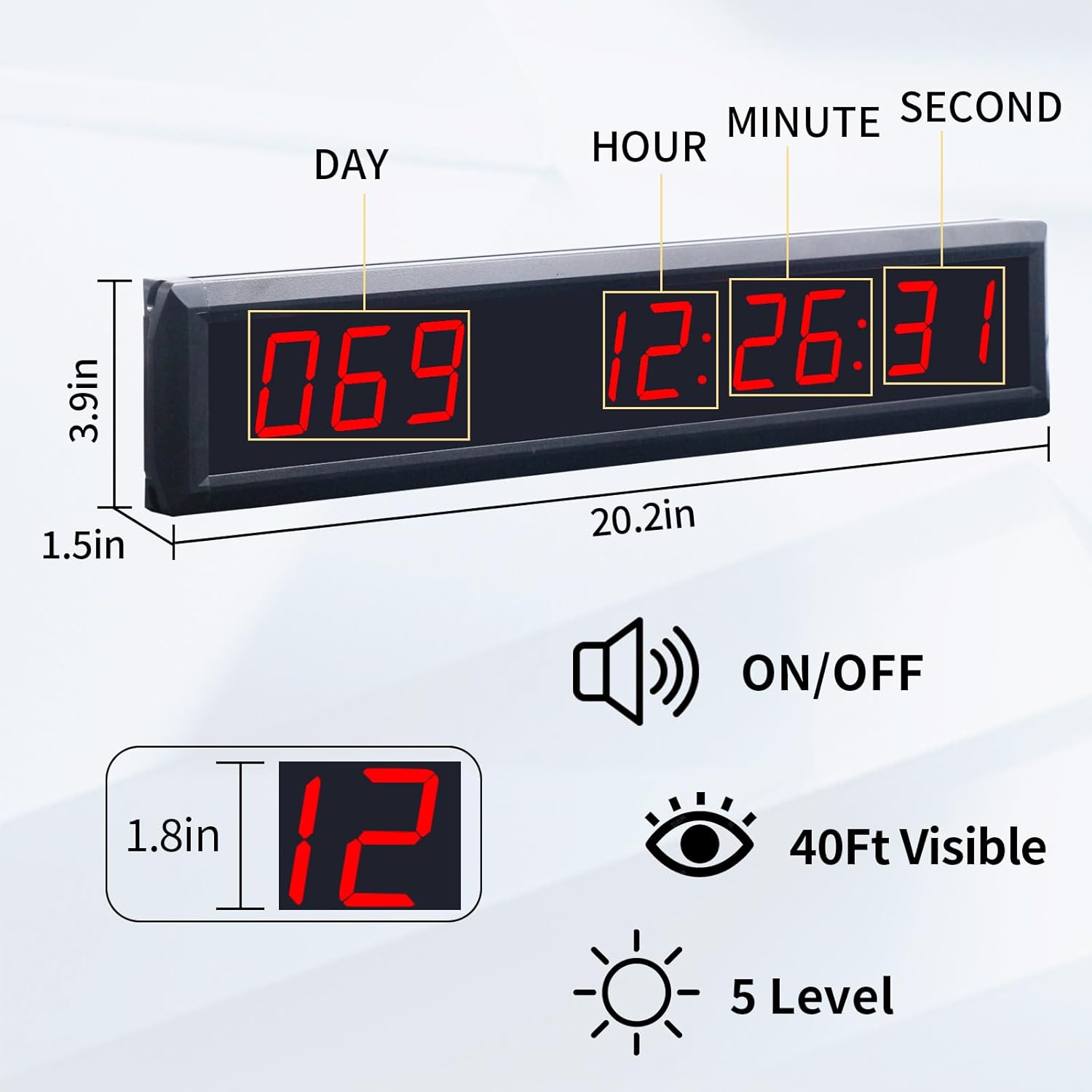 Diagram showing dimensions and features of the GANXIN countdown clock