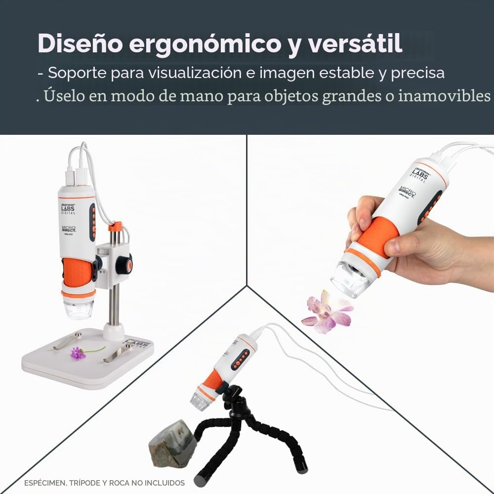 Celestron 44316 1080P HDMI: microscopio manual portátil, 10x-220x aumentos, gris/blanco