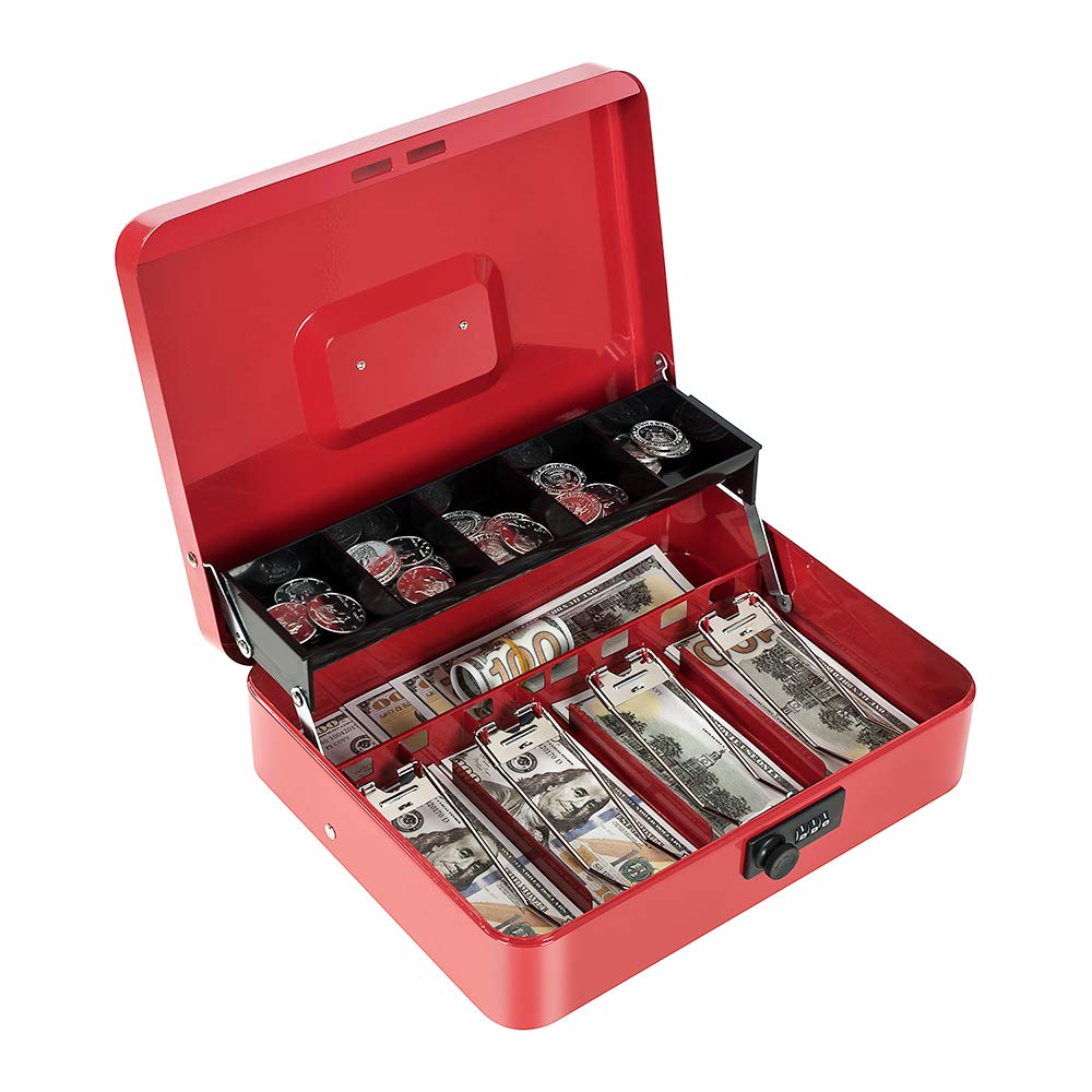 Cash Box with Money Tray and Combination Lock Metal Money Box for Cash Tiered Lock Box for Money 11.8" x 9.4" x 3.54" Red