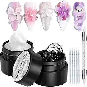 Fcozpjk Kit de gel sólido Builder, 2 peças de gel de escultura 3D transparente e branco não pegajoso com caneta de silicone géis rígidos para moldagem de unhas, design de unhas 3D, suprimentos de