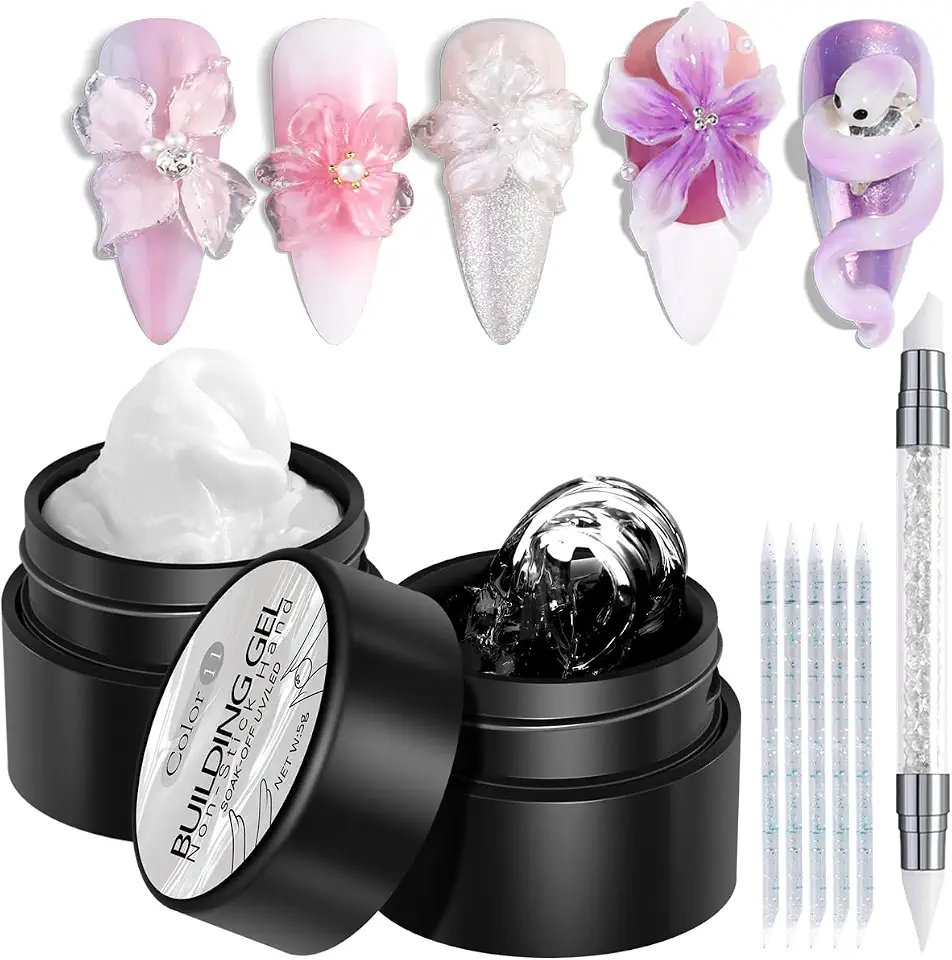 Fcozpjk Kit de gel sólido Builder, 2 peças de gel de escultura 3D transparente e branco não pegajoso com caneta de silicone géis rígidos para moldagem de unhas, design de unhas 3D, suprimentos de