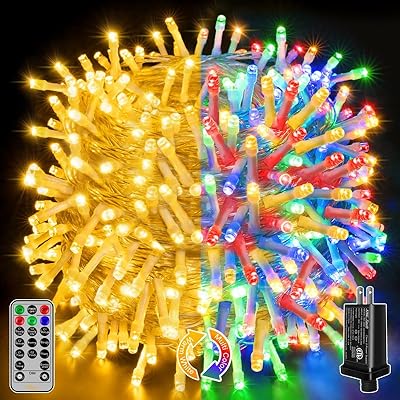 Ollny Christmas Lights, 210FT 640LED Christmas Tree Lights with 11 Modes Remote Control IP44 Waterproof, Warm White to Multicolored Outdoor Christmas Lights for Outside Indoor Patio Xmas Decorations