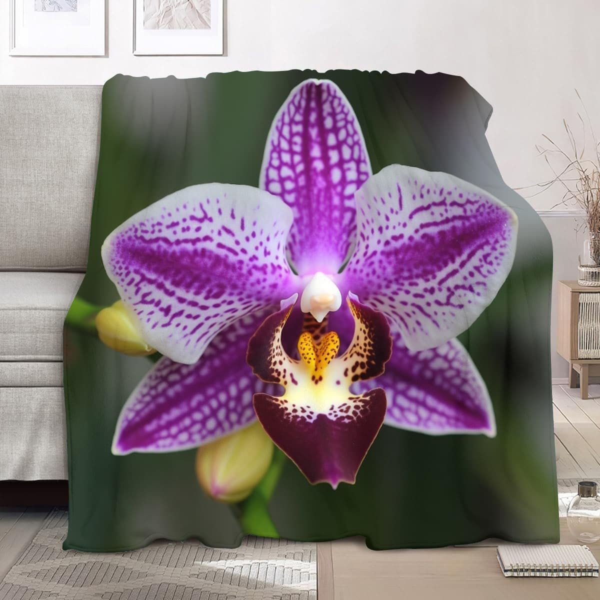 Genérico Sherpa XXL 180x200cm Tema De OrquíDea PúRpura Esponjoso Franela Suave cálida y Ligera Lavable a Máquina Verde Claro Mantas de Lana Sofá Manta para Niños y Adultos