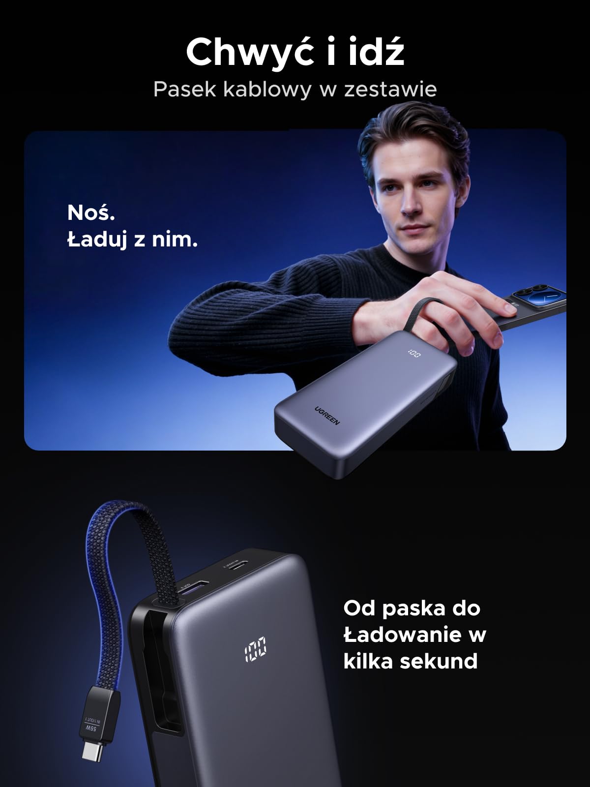 UGREEN Nexode Powerbank 20000mAh 55W z CCC-cert. | Mi Turbo Charge dla Xiaomi, szybkie ładowanie 45W PD z wbudowanym kablem, kompatybilny z iPhone i serią Galaxy