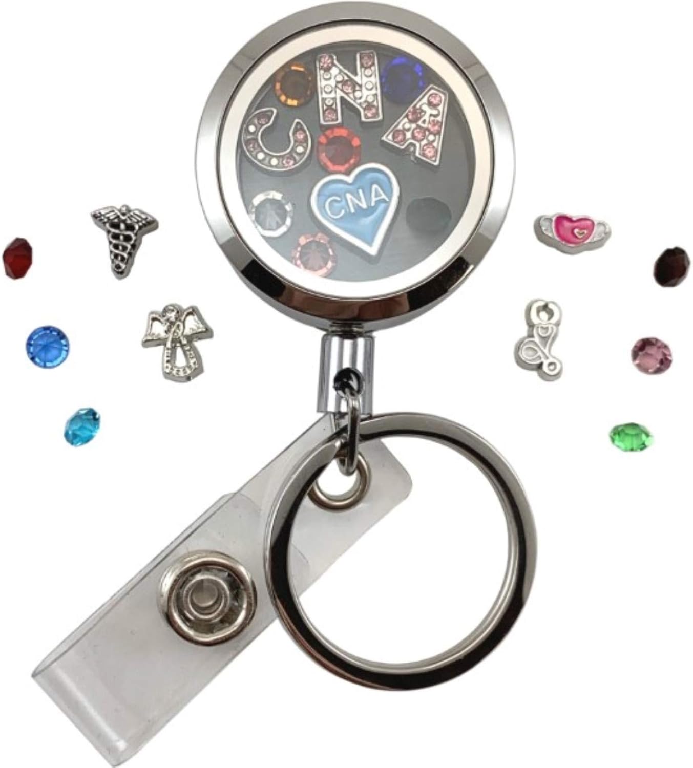 Custom One-Piece Floating Charm Stainless Steel Vessel with Sturdy Screw Top Lid and Key Ring Retractable Heavy Duty Swivel Alligator Clip ID Badge Holder (FC SA CNA)