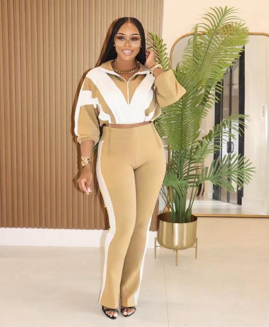 Womens 2 Piece Outfits Sets Casual Jumpsuits Track Suits for Women Set Colorblock Zip Up Cropped Jacket Pants Sweatsuits - Image 7