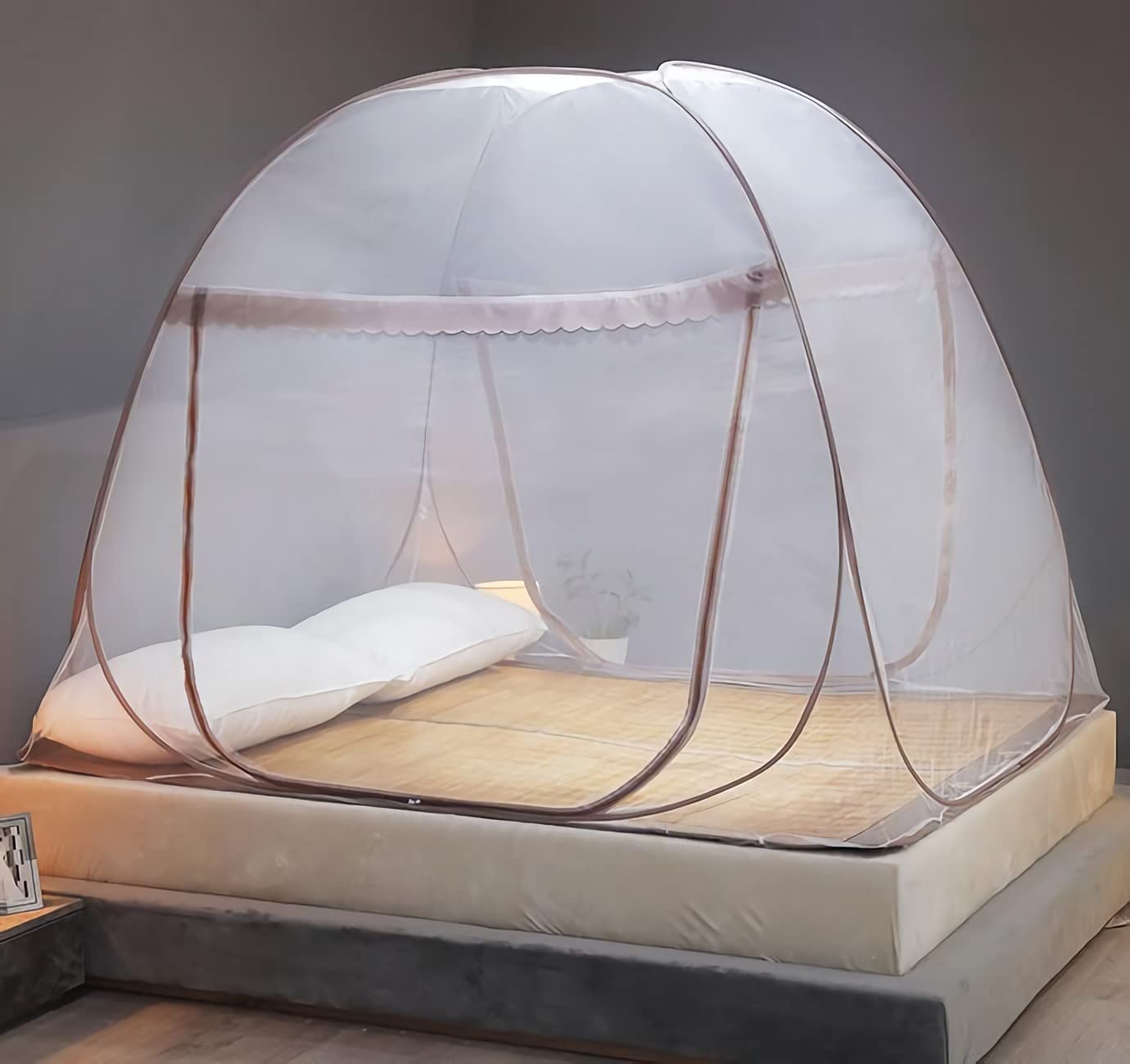 HARWAVE Mosquitera para cama, tamaño plegado de 12 pulgadas, portátil, para camping, viajes, tienda de campaña desplegable con doble entrada para cama tamaño King Queen (marrón)