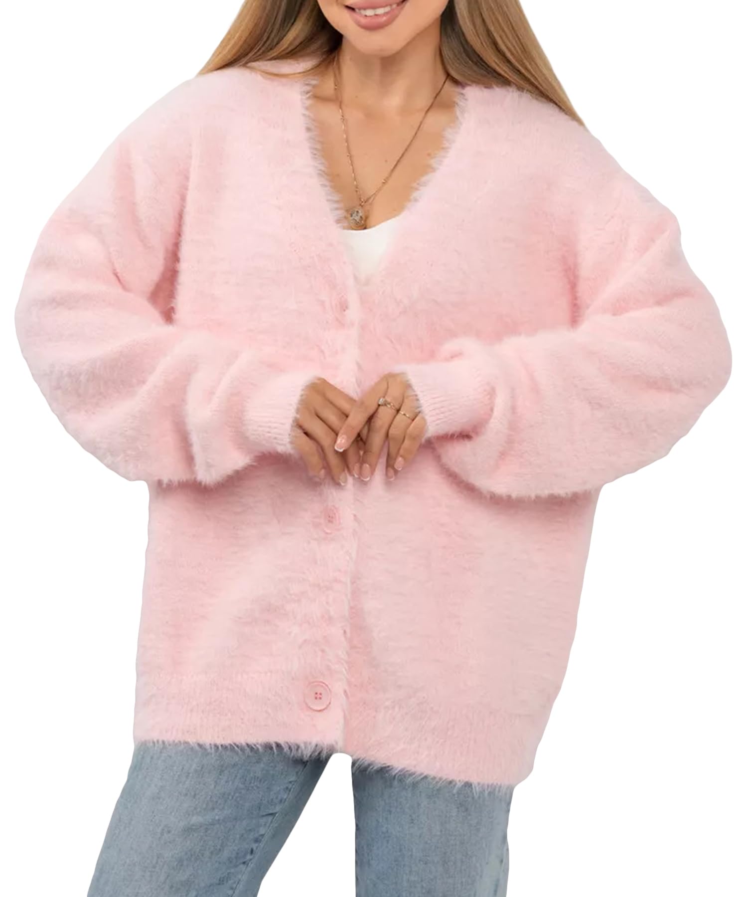 Womens Fuzzy Cardigan Sweaters V Neck Long Sleeve Button Down Trendy Oversized Slouchy Knit Sweater Coats