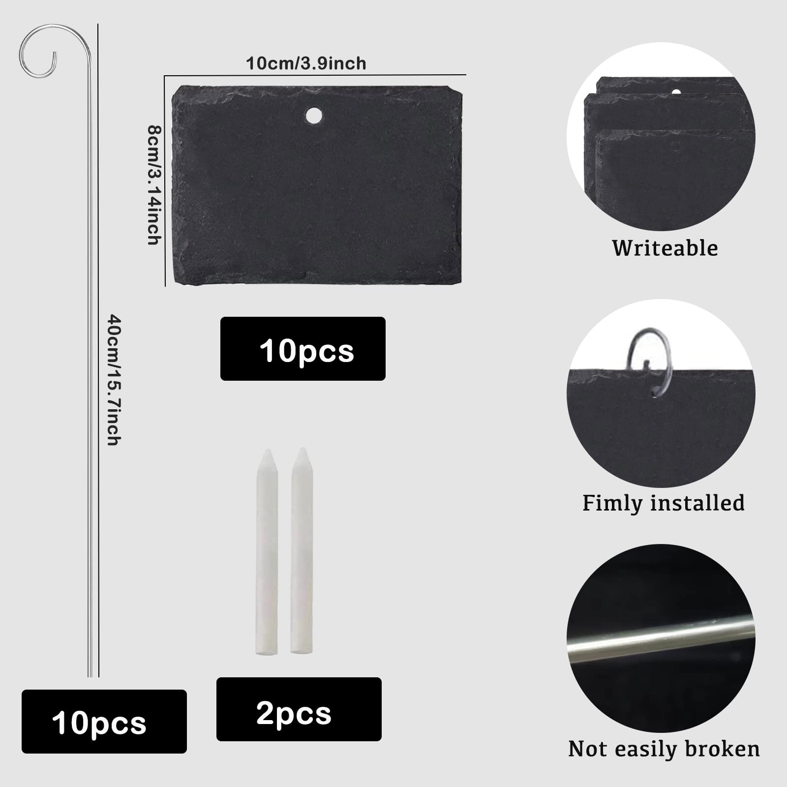 Tabliczki na rośliny, 10 sztuk, łupek, 10 x 8 cm, na zioła, odporne na warunki atmosferyczne, z 10 prętami ze stali nierdzewnej i 2 kredami do opisywania roślin, ziół, prostokątnych