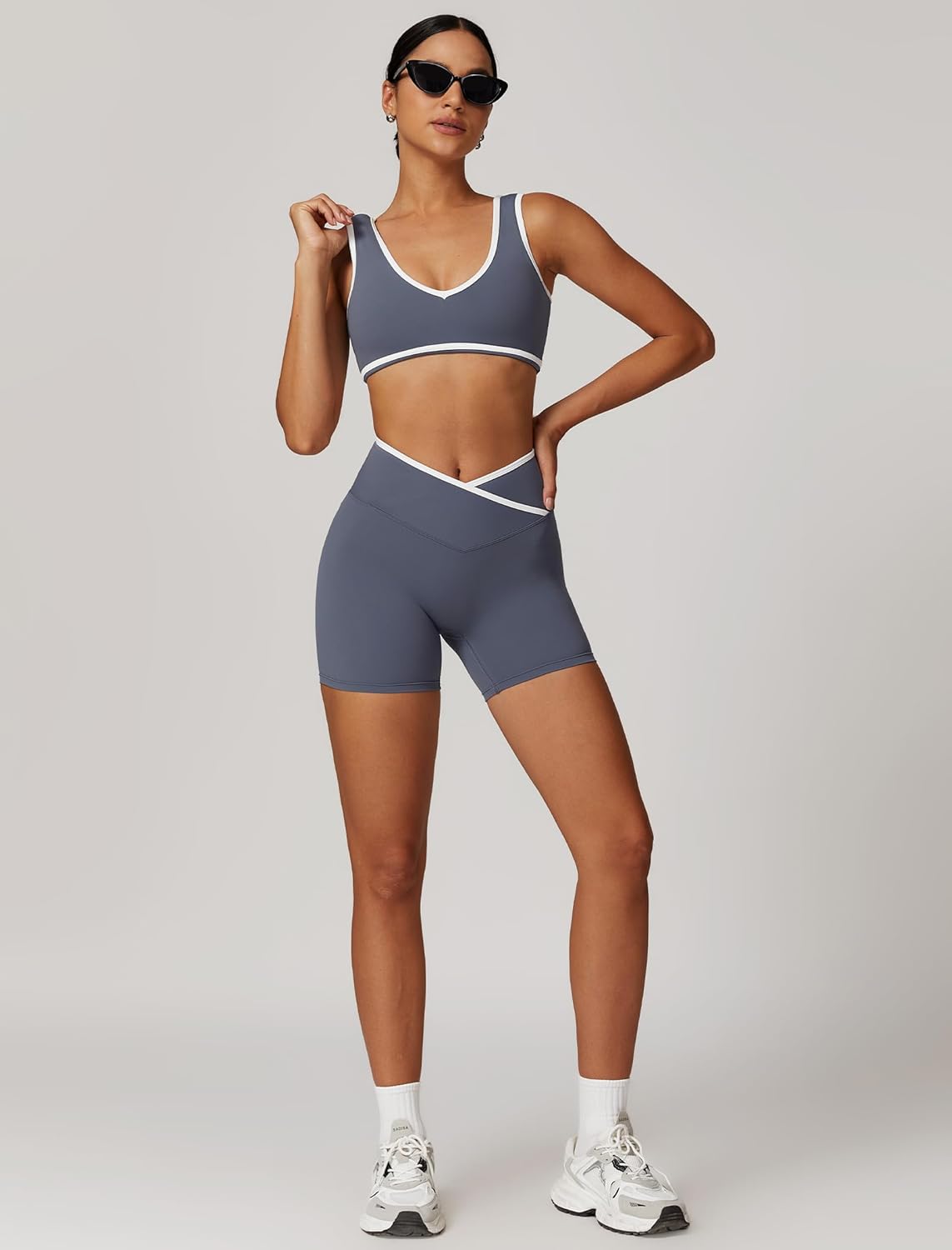 ABOCIW Workout Sets for Women Color Block Sports Bra Crossover Waist Shorts 2 Piece Gym Yoga Pilates Outfits - Image 3