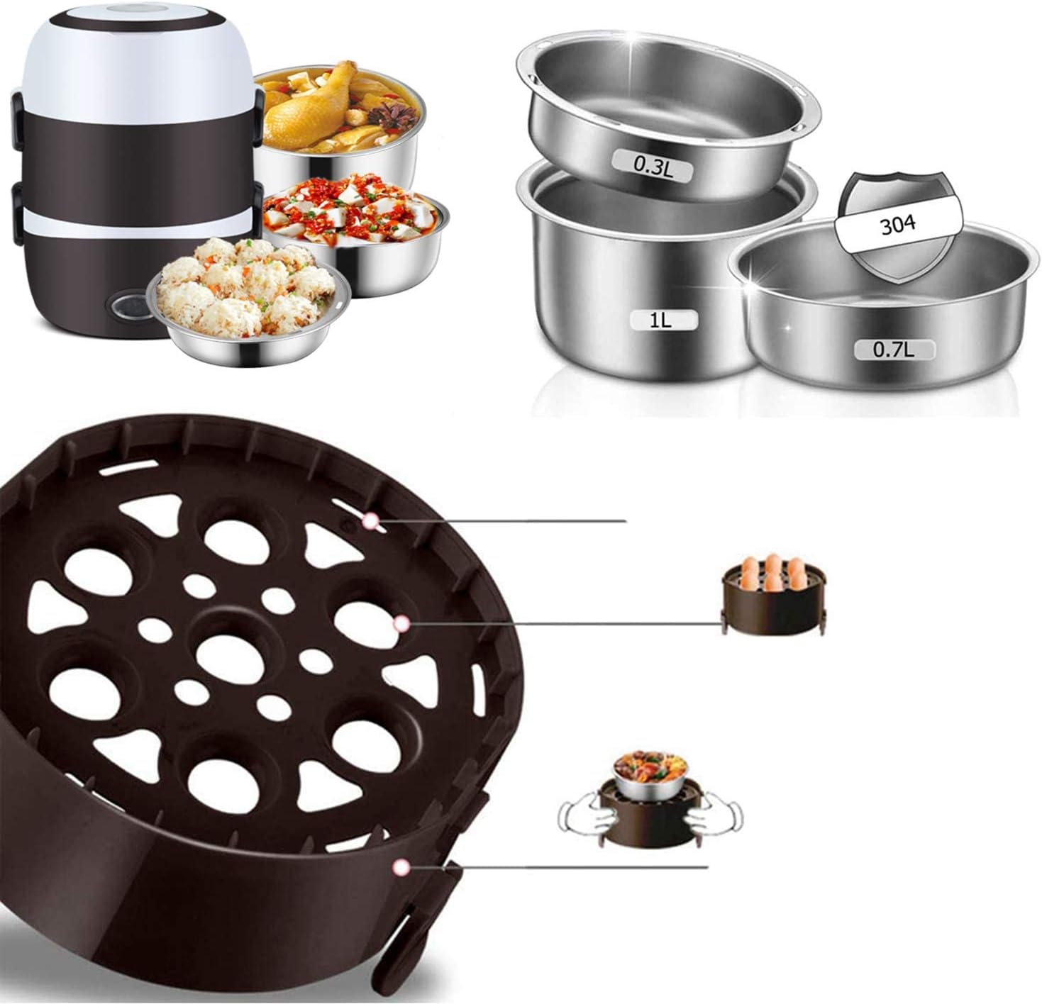 3 Layers Electric Warmer Lunch Box Food Heater Portable Bento Rice Cooker Office Lunch Containers Warming Home Food Grade Material Steamer with Stainless Steel Bowls, Egg Steaming Rack -Brown