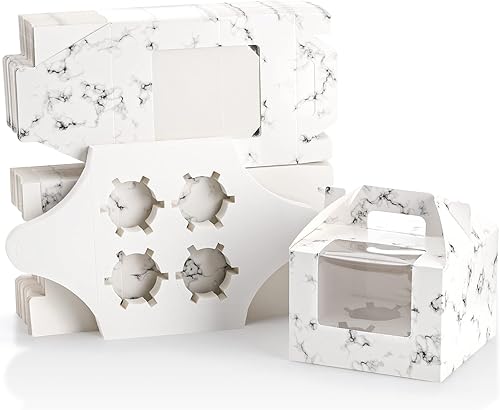 Miniatura 6 de ZEAYEA Paquete de 40 cajas para cupcakes con ventana y asa, 4 cavidades de papel para cupcakes, contenedores portátiles de pastelería, portadores de