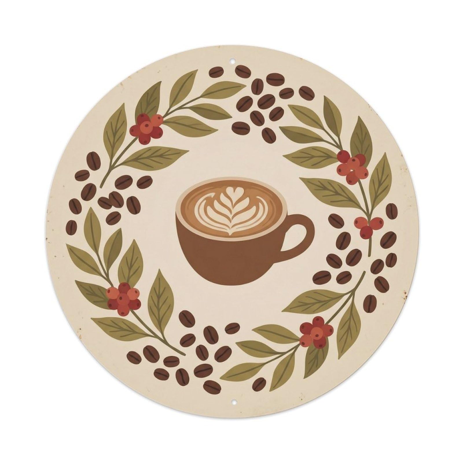 Minimalist Botanical Espresso Coffee Beans Leaf Wreath Metal Tin Sign Plaque Wall Decor for Cafe, Man Cave, Club Bar, Office, Home Garden Round Metal Poster 8x8Inch