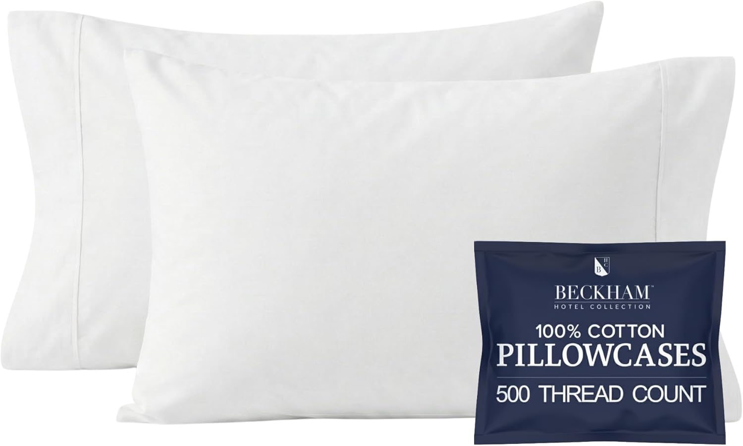 Beckham Hotel Collection 100% Cotton Pillow Cases Standard/Queen Size Set of 2, 500TC, Luxury Sateen Pillowcases, Open End, Breathable, Moisture-Wicking, White