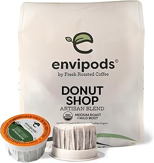 Fresh Roasted Coffee, Organic Donut Shop envipods | BPI Compostable, USDA Organic, Kosher | Med Roast, 12 Count for K Cup Brewers | Not for use in Ninja or Hamilton Beach Brewers