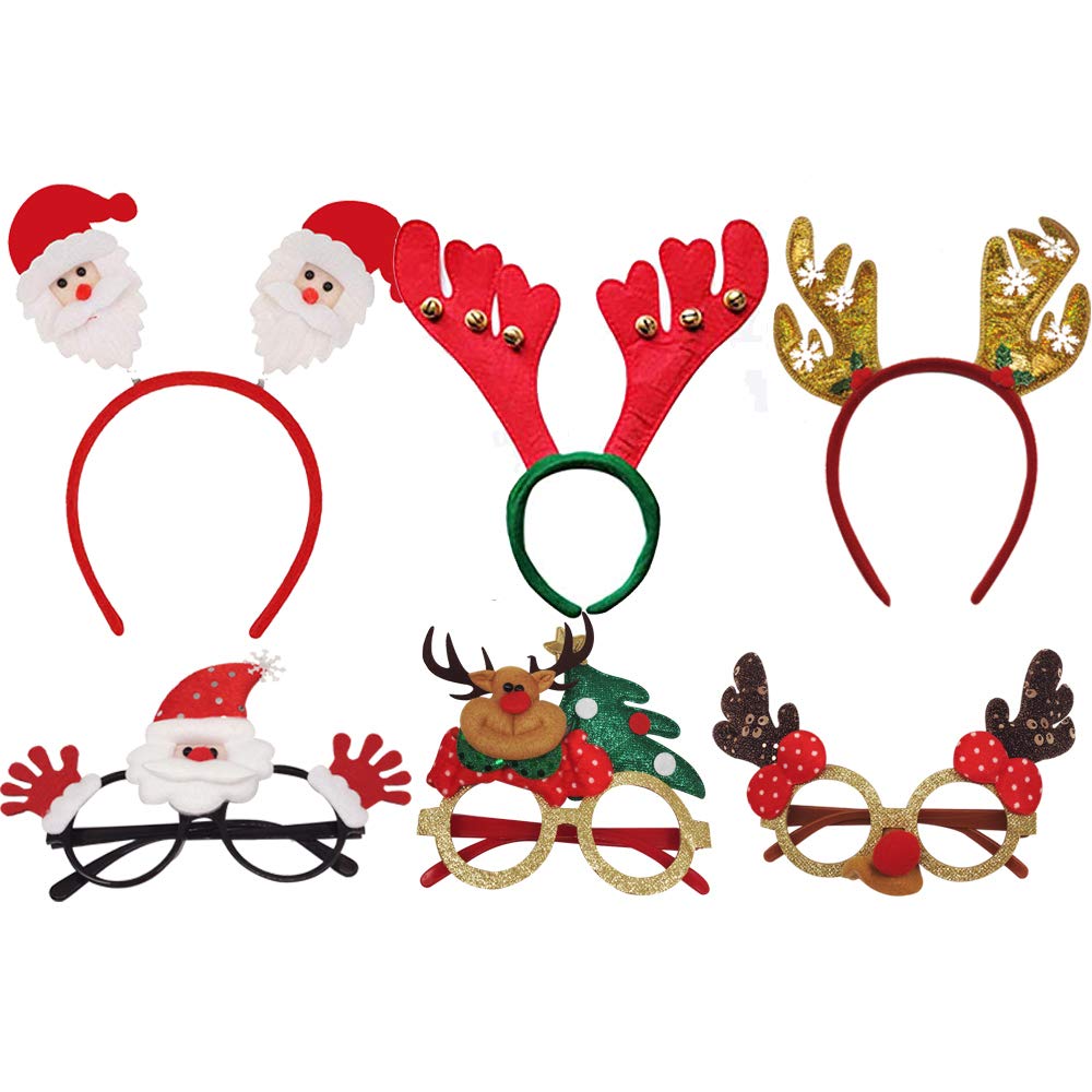traderplus6 Pack Christmas Headbands and Xmas Glasses Frame Set Reindeer Antler Hair Hoop Headpiece for Christmas Party Costume Party