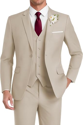 HUUTOE Mens 3 Piece Suits Slim Fit, Wedding Groomsmen Prom Business Suit, One Button Blazer Jacket Vest and Pants Tuxedo Set