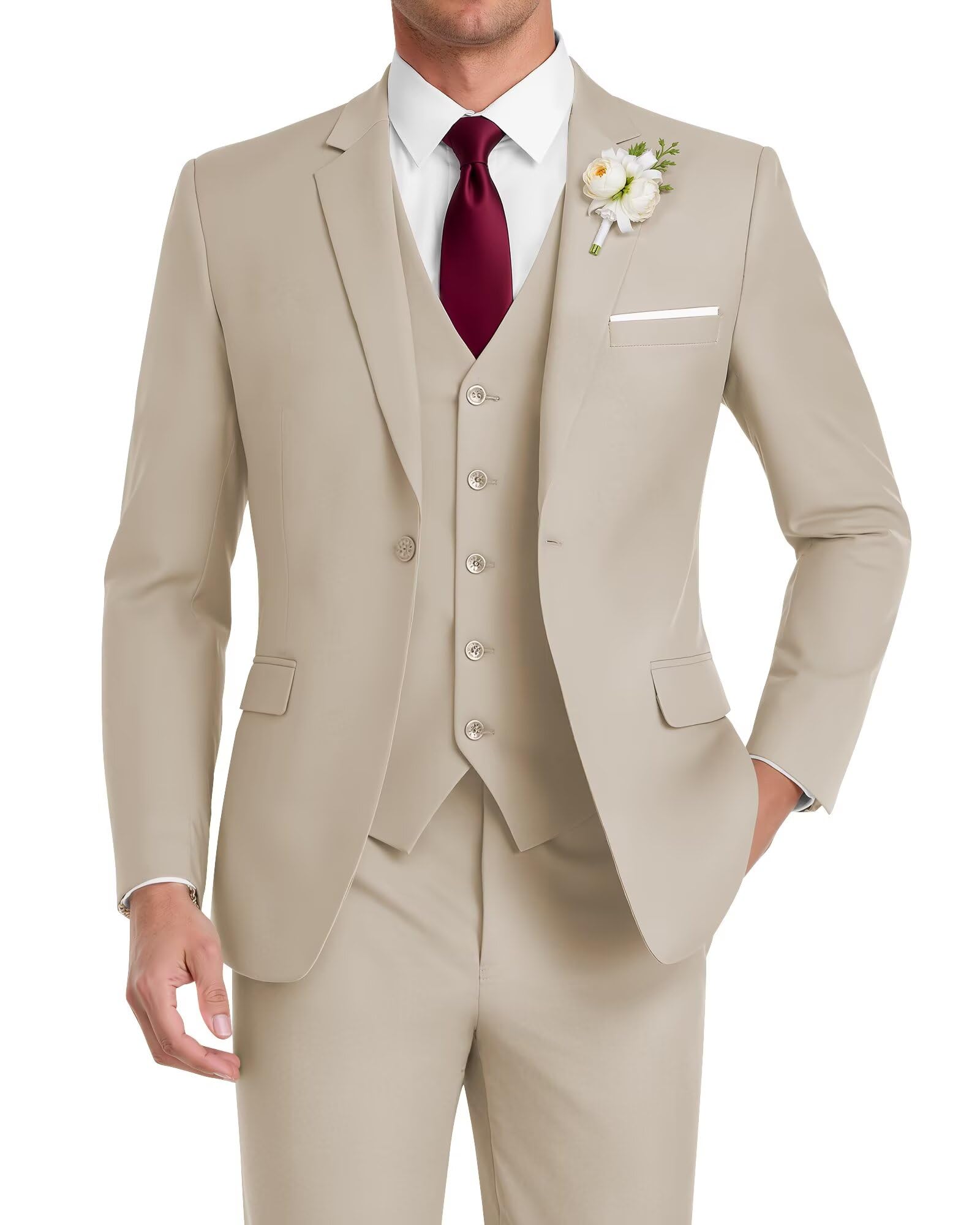 HUUTOE Men's 3 Piece Suits Slim Fit, Wedding Groomsmen Prom Business Suit, One Button Blazer Jacket Vest and Pants Tuxedo Set