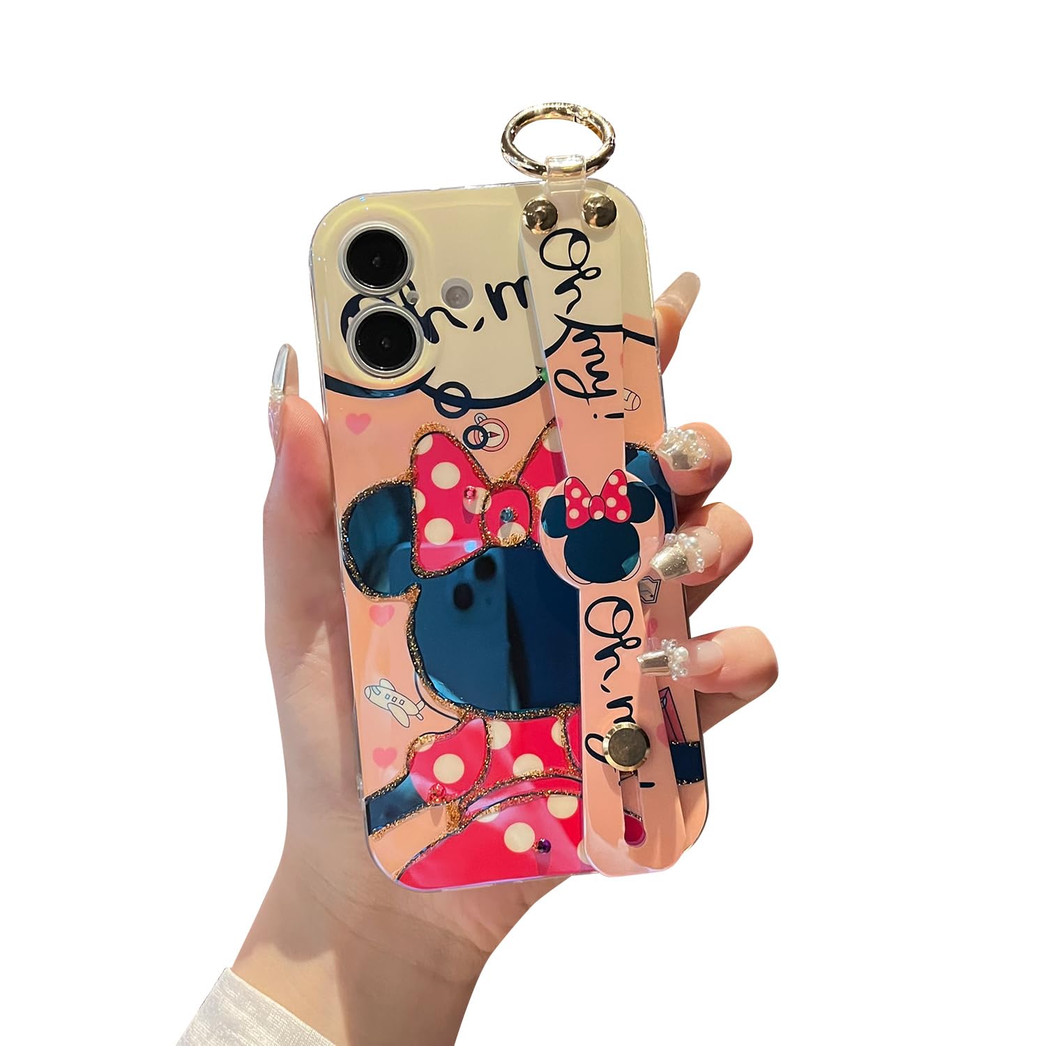 Lastma for iPhone 16 Plus Case with Stand Handle Wrist Strap Kickstand Glitter Bling Cute Cartoon IMD Soft TPU Shockproof Protective Phone Case for