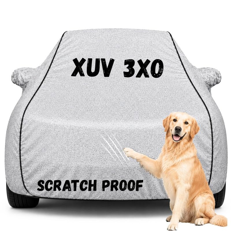 Image of Pure Fabric Silver 100% Waterproof XUV 3XO Car Cover | Polyester Car Body Cover for Rain & Sun | UV Protection, Dustproof, Scratch Resistant, Windproof, Heat Resistant, Custom Fit