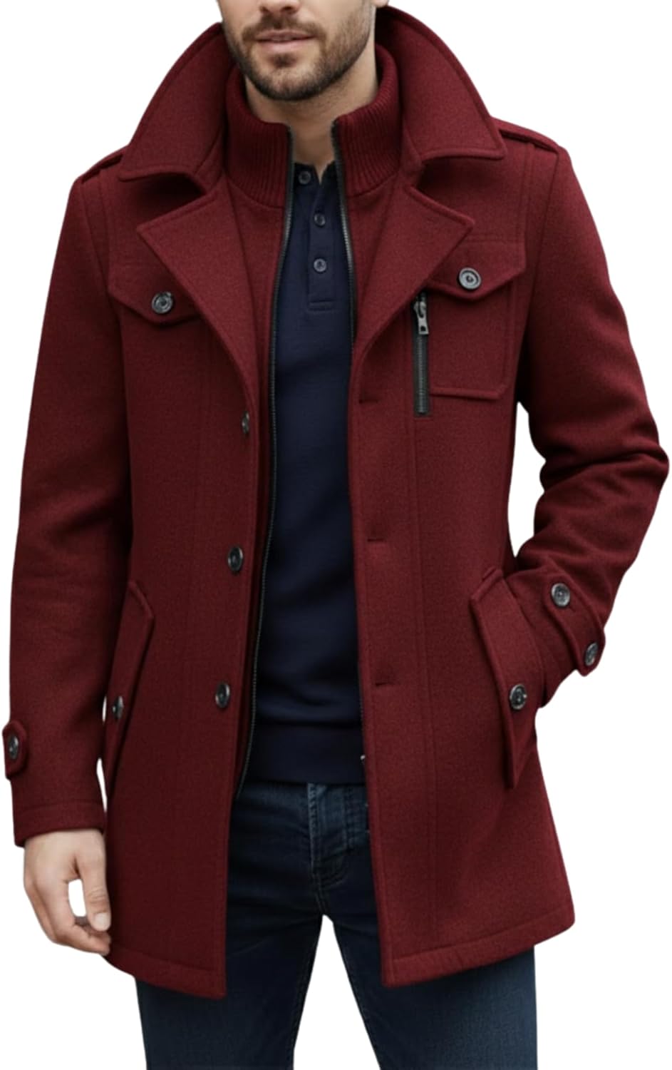 SBL SOUTH BEACH LEATHER Men's Wool Coat Warm Winter Car Coat with Detachable Soft Scarf Single Breasted Trench Coat