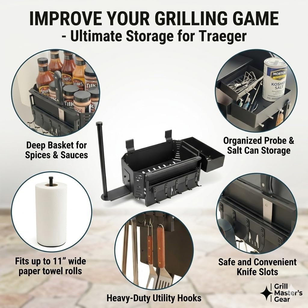Magnetic Grill Storage Bin Organizer with Paper Towel Holder for Traeger Ironwood 650/885, Pro 575/780/34/22, Pit Boss & Z-Grills, Smoker Grill Accessories