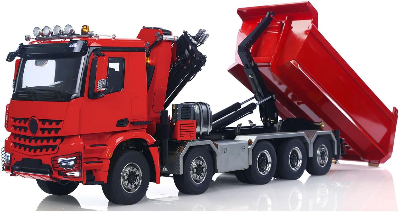 1/14 10x10 RC Hydraulic Crane Dumper Truck Full Dump Car Model 3-Speed Gearbox Light Sound Radio Controller for Adult Hobby(Red)