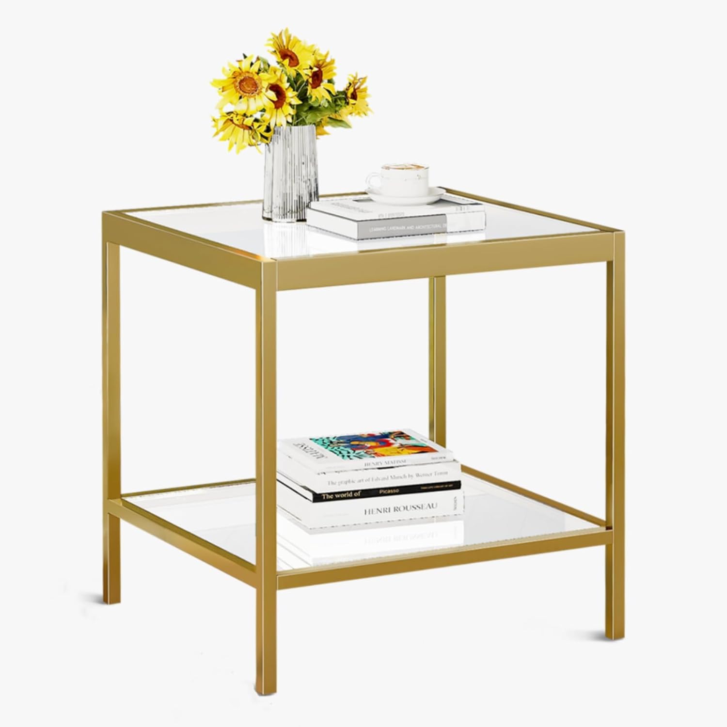 2 Tier Square End Table Side Table with Tempered Glass Top and Gold Metal Frame Modern Night Stand