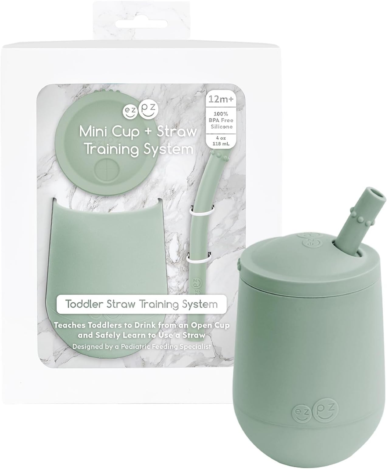 ezpz Mini Cup + Straw Training System (Sage) - 9 Months+ - 100% Silicone Training Cup for Infants + Toddlers - Designed by a Pediatric Feeding Specialist