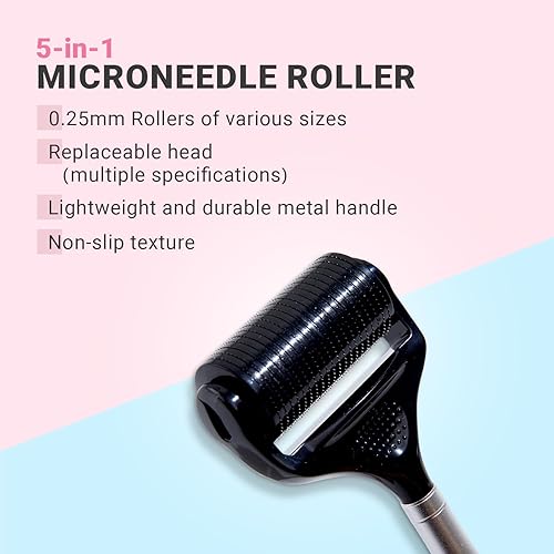 Miniatura 5 de Derma Roller 5 en 1 - Rodillo de hielo de titanio con mango de acero de microagujas para cara, cuello, cuero cabelludo y crecimiento del cabello,