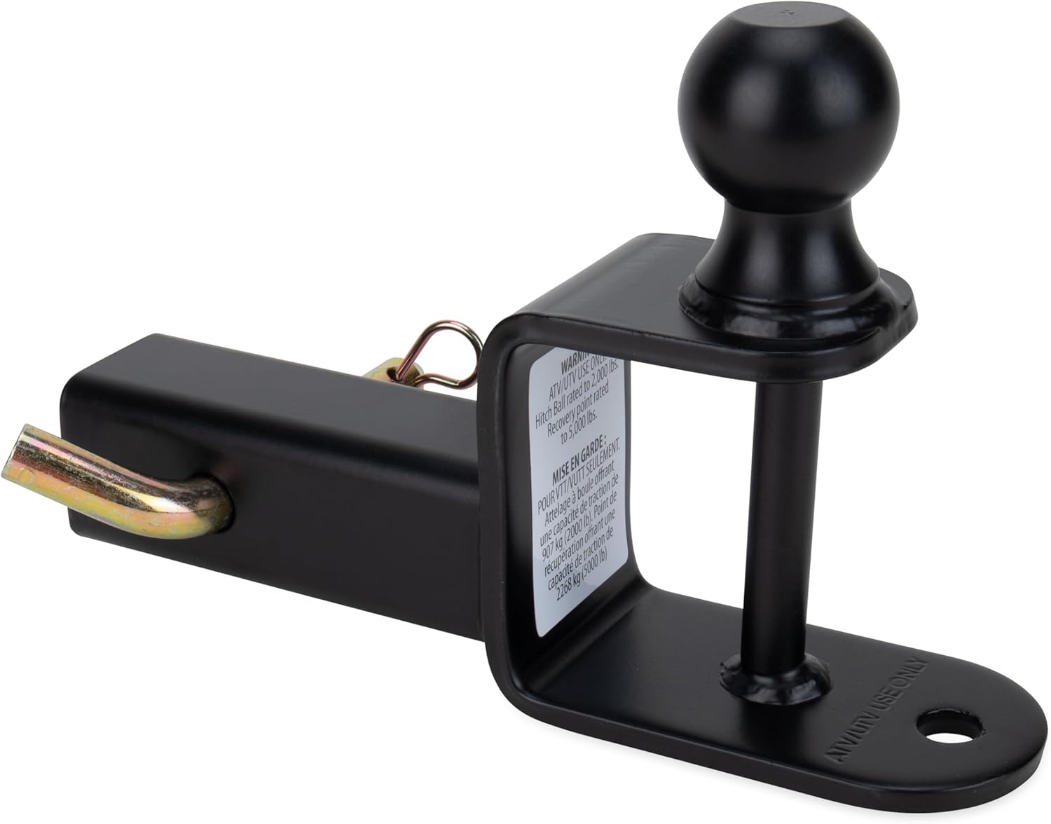 Camco Black Boar ATV/UTV Multi-Hitch – 2” Hitch Ball, 2” Shank, 6” Long – 2” Rise, 2,000 lb Capacity – Winch Strap Loop & 5/8” Pin Hole – Powder-Coated Steel (66025)