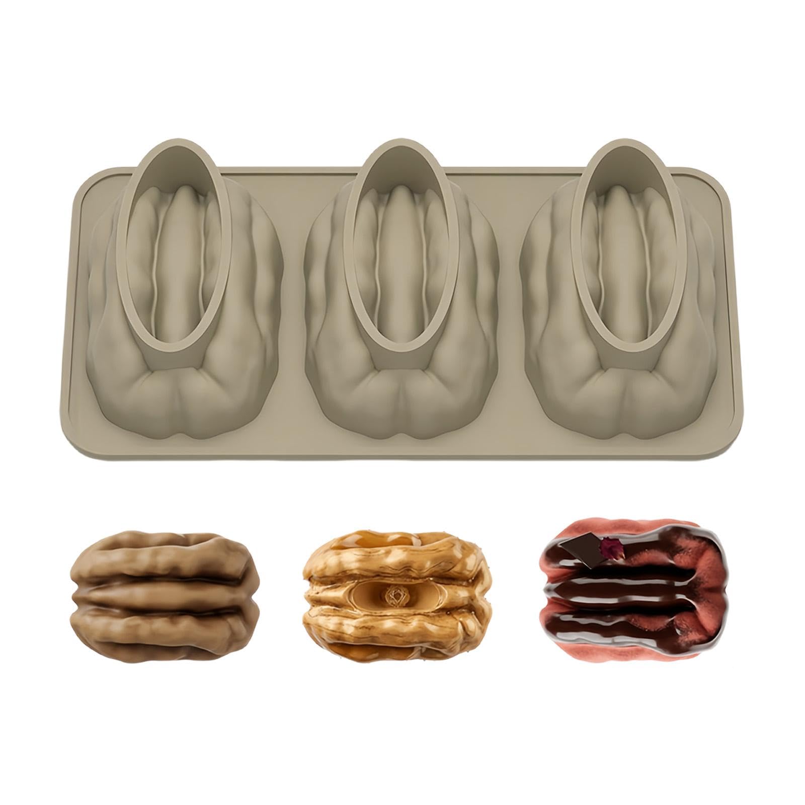 Buxuaaaa Soap Making Molds 3 Cavity Molds Walnuts Shape Flexible Bakeware Silicone Texture for Kitchen Dessert Professional Baking Equipment