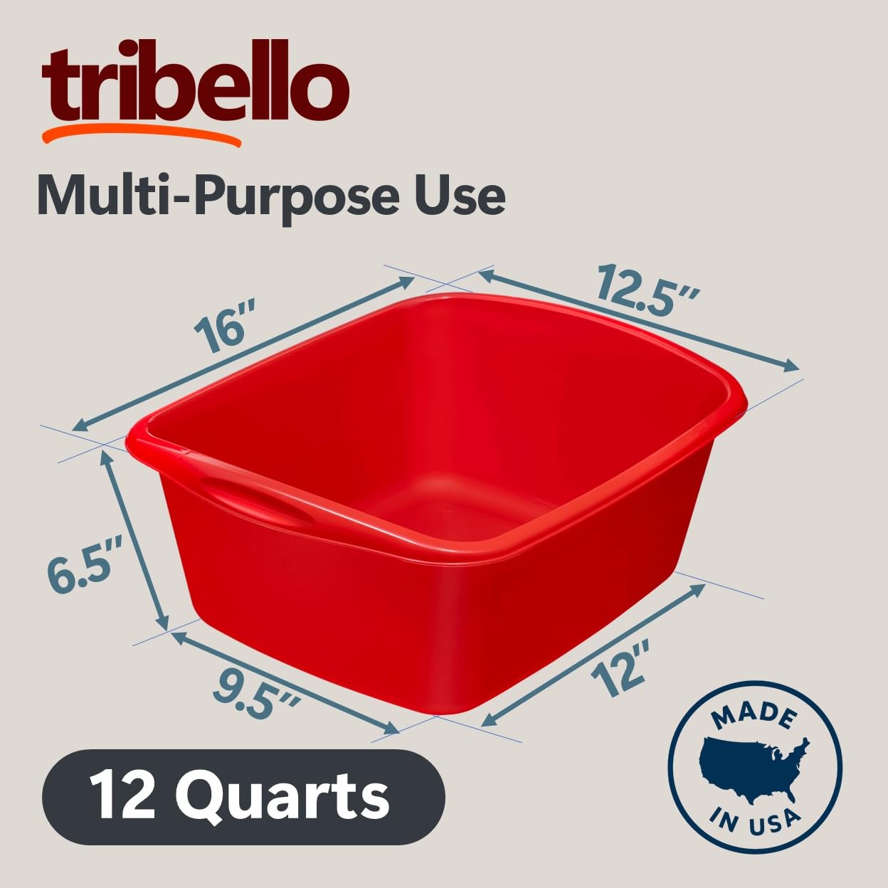 Tribello Paquete de 2 sartenes de plástico para Fregadero de Cocina, Lavabo y baño de pies para remojar los pies, Cubo de Lavado para Lavar y almacenar Suministros de Limpieza, 12 Cuartos de galón,