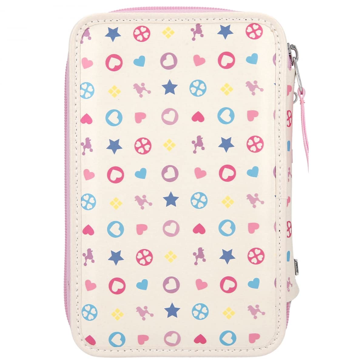 Depesche 10806 TOPModel-Gefüllte 3-Fach Federtasche Bling mit Pudel-Aufdruck, Glitzerhintergrund und Icon-Muster auf der Rückseite, Schüler-Etui in Rosa mit Buntstiften, Lineal, Schere UVM, Mehrfarbig