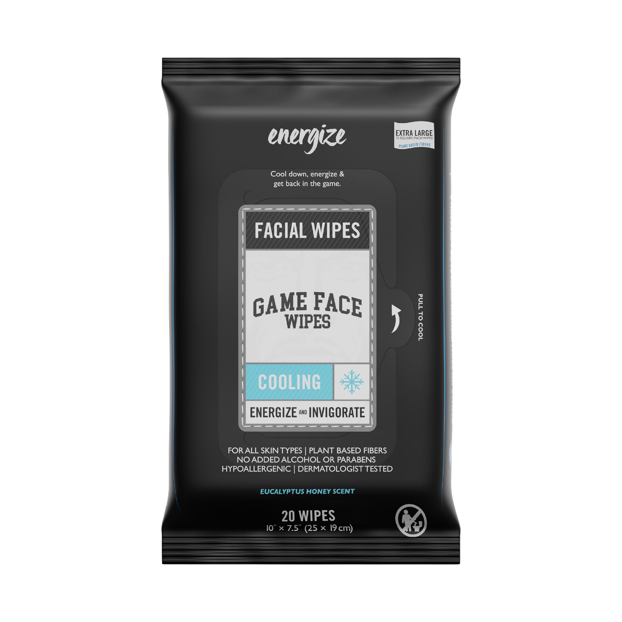 Game Face Cooling Face Wipes - 20 Count XL Size Compostable Cloth | Naturally Formulated and Lightly Scented Hydrating, Energizing, and Invigorating Wipes | For Athletic, Sport, and On The Go | 3 Pack