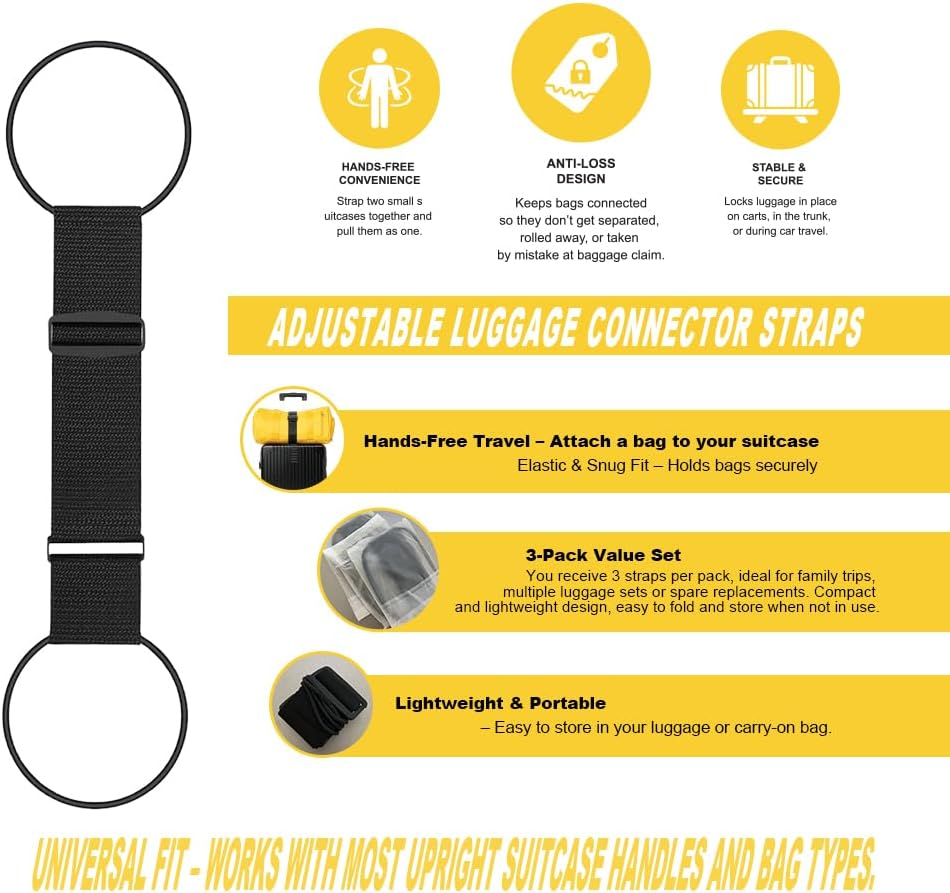 3PCS Adjustable Luggage Connector Straps for Suitcases, Flexible Multi-Use Strong Elastic Belt to Add a Bag, Travel Luggage Accessories for Securing Carry-On, Black