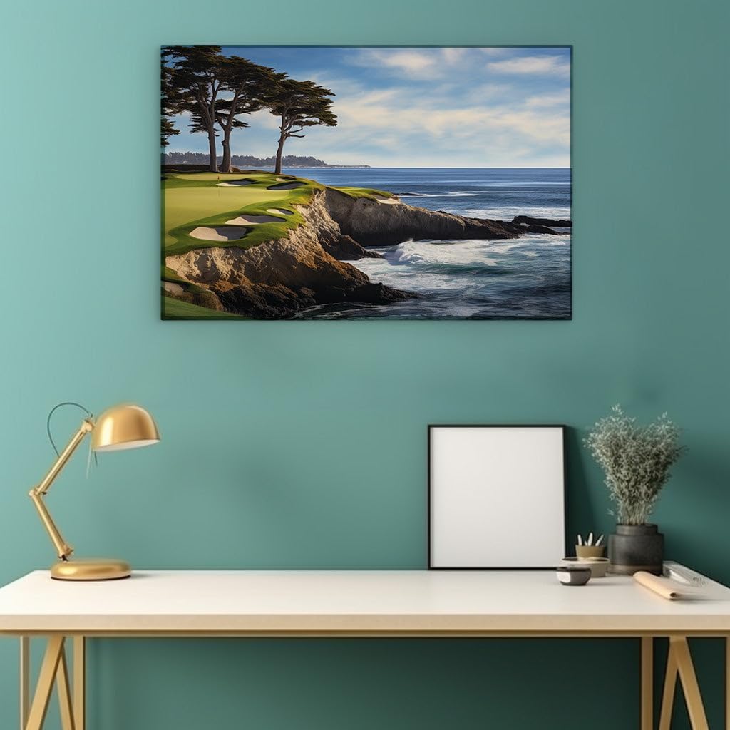 Canvas for Living room. Cliffside Serenity: Golfing Along the Ocean's Edge, 27 x 18 inch Canvas Wall Art - Ready to Hang