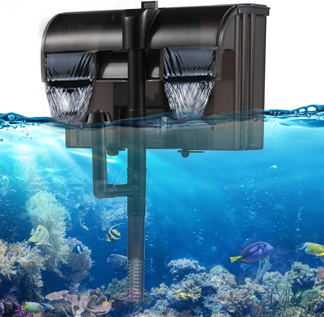 Double Waterfall Hang-On Fish Tank Filter with 2 Filter Sponges & 2 Activated Carbon Filter Plates, 158Gph Suspension Oxygen Aquarium Filter with Surface Skimmer, Aquarium Power Filter