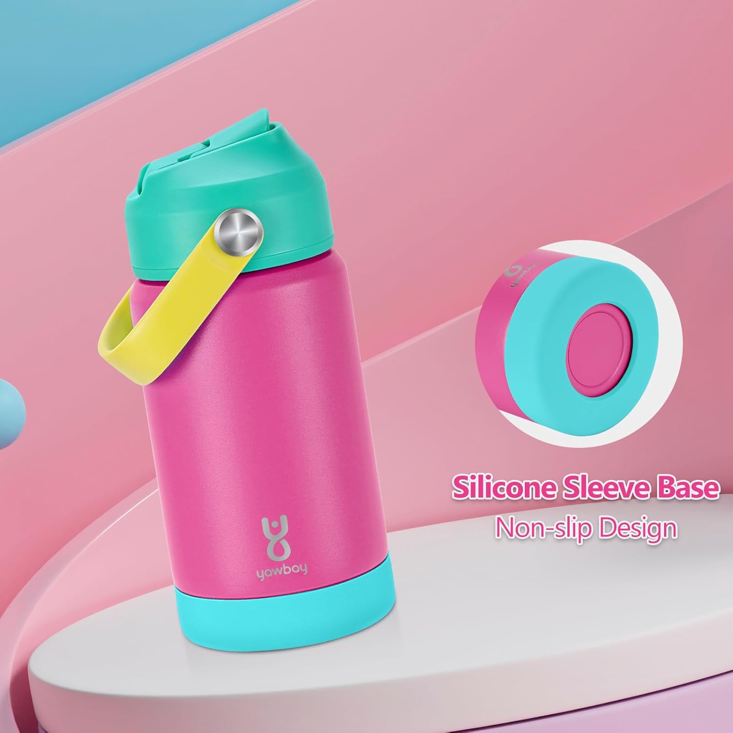 Kids Insulated Water Bottle with Straw Lid & Silicone Handle,12oz Kids Leak Proof Water Bottle for School Boys Girls,Double Wall Vacuum Stainless Steel with Non-slip Silicone Base(Rose Pink) - Image 3