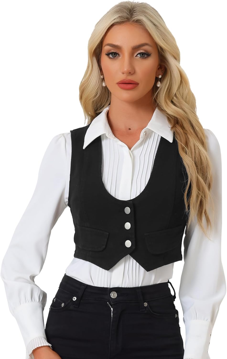 Allegra K Women's Denim Vest Vintage Button Up Sleeveless Crop Jean Vest Waistcoat