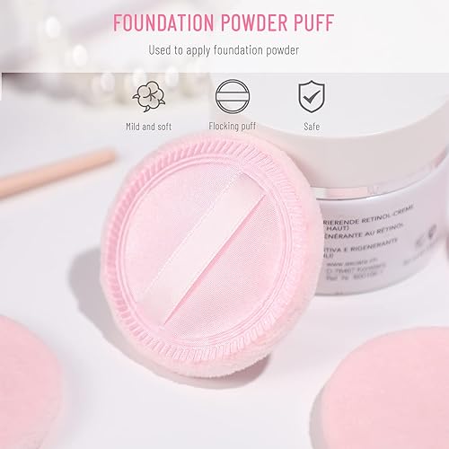 Vista 14 de FRCOLOR Puff de maquillaje redondo de algodón de 10 piezas con correa para cuerpo, cara y polvo mineral, rosa