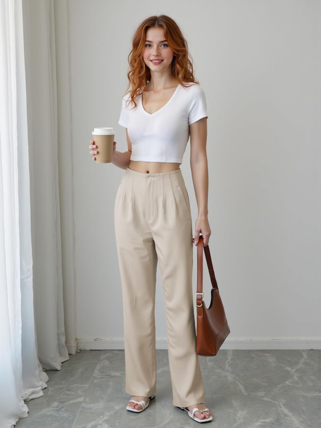 Women's Elastic Waist Wide Leg Lounge Pants - High Waisted Casual Long Pants with Pocket | Soft Palazzo Trousers - Image 6
