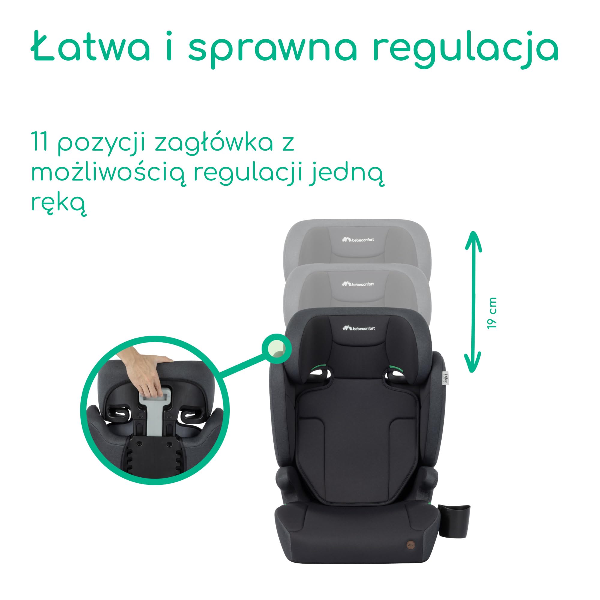 Bebeconfort Ride 2-in-1 i-Safe, Fotelik Samochodowy, 3,5-12 Lat (100-150 cm), Fotelik na Pasy, Wyjmowane Oparcie, Lekki (3,4 kg), 11 Pozycji Zagłówka, Uchwyt na Kubek, Full Black