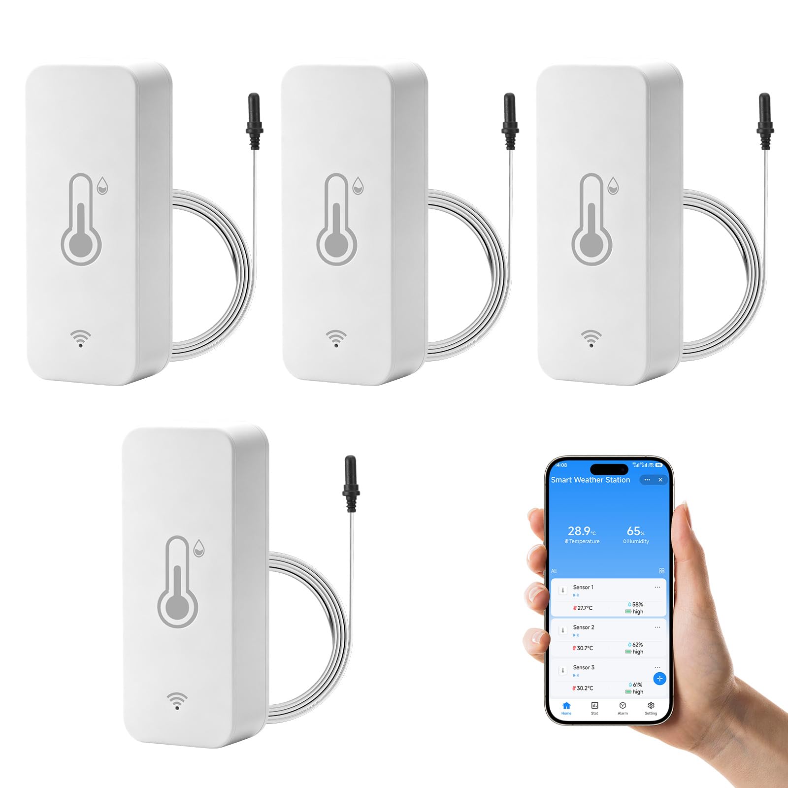 4 termometro igrometro Wi-Fi con sonda, termometro intelligente per frigorifero con app Tuya/Smart Life, termometro WiFi per interni ed esterni (℉/℃) per frigorifero, congelatore, acquario, serra