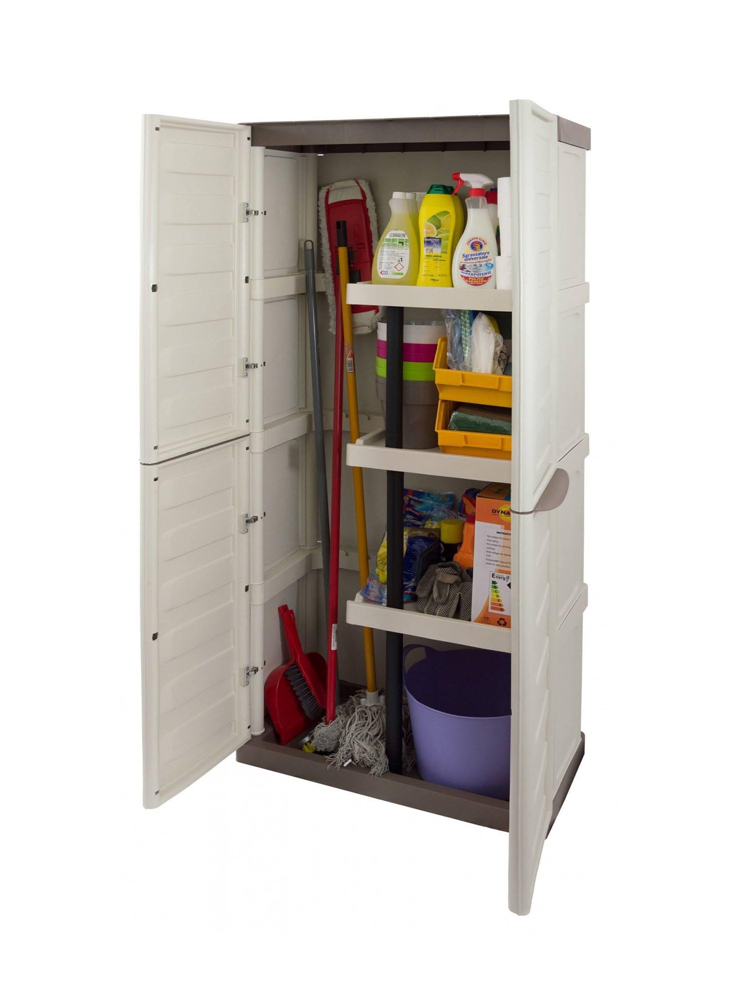 Dmora - Armoire d'extérieur Avelgem, armoire de balcon polyvalente, meuble à balais 2 portes, 100% Made in Italy, 70x47h178 cm, beige et marron, finition rayée