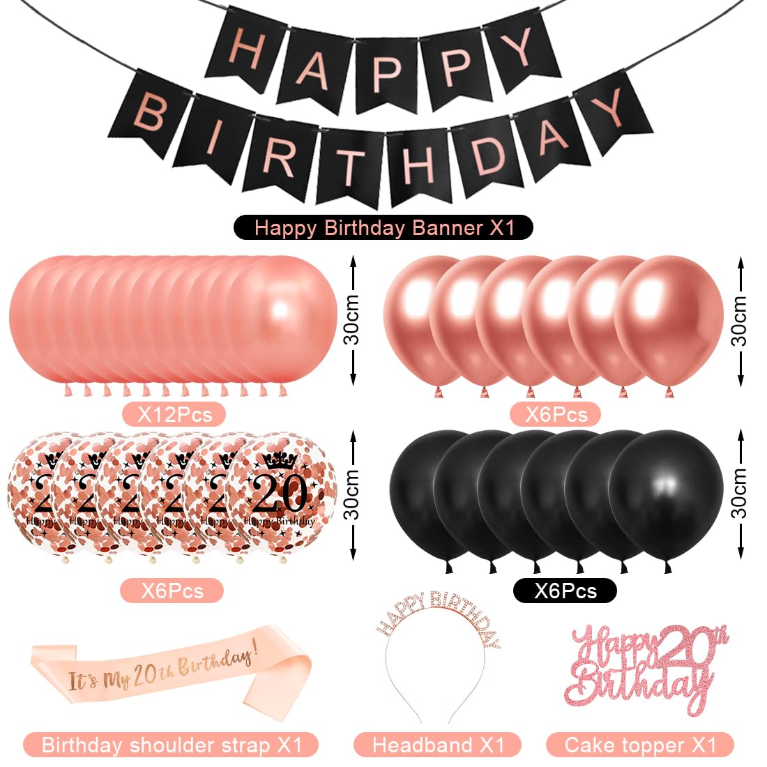 Decorazione per il 20° compleanno, da donna, in oro rosa, nero, set di decorazioni per torta per 20° compleanno, da donna, con striscione, idea regalo per 20° compleanno, 20° compleanno