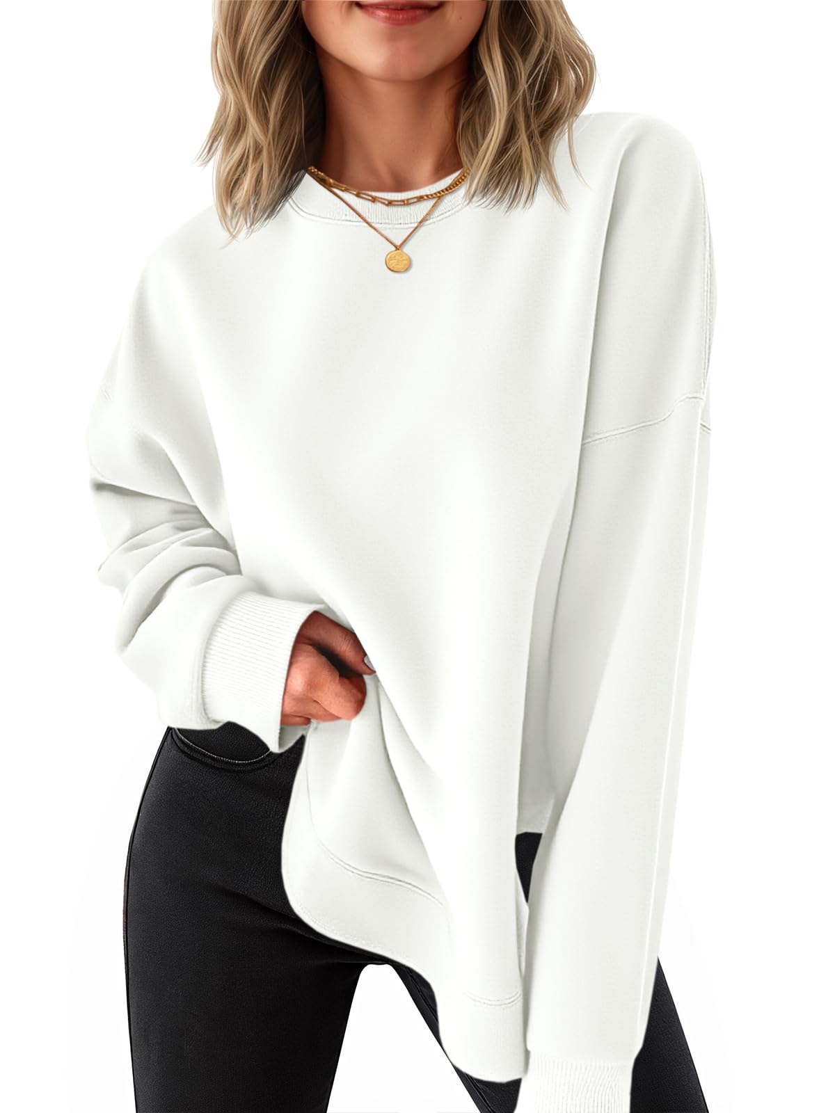Fisoew Pullover Damen Rundhals Langarm Sweatshirts Seiten Schlitz Langarmshirts Elegant Basic Pulli Loose Tunika Tops Casual Oberteile Weiß XXL