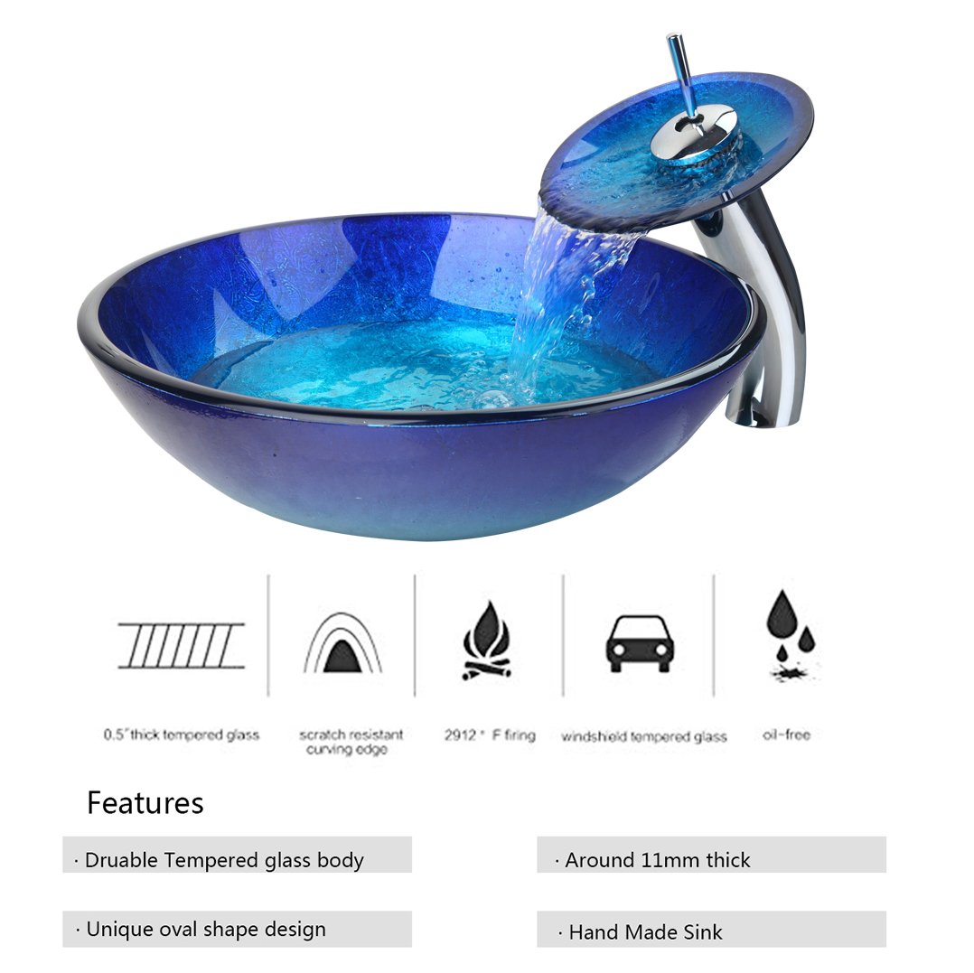 OUBONI Bathroom Vessel Sink,Blue Glass Vessel Sink with Waterfall ...